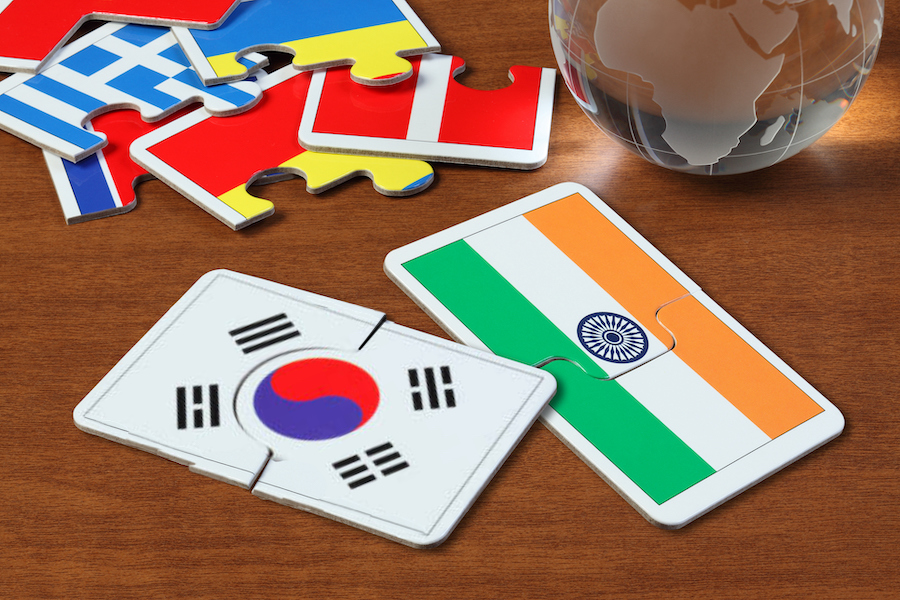 South Korea and India Flags in puzzle - Podcast, Why Emerging Markets looks good post Covid
